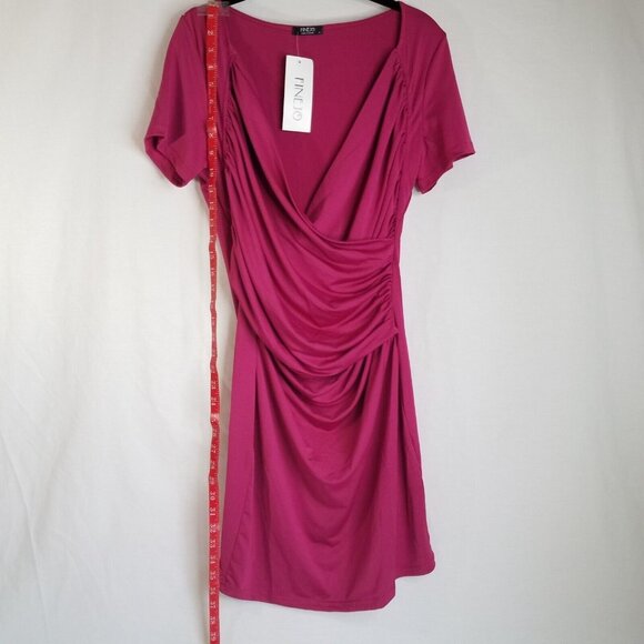 Wrap Look Cross Front Fuchsia Pink Dress MEDIUM Stretch Short Sleeve Ruching - Picture 3 of 10